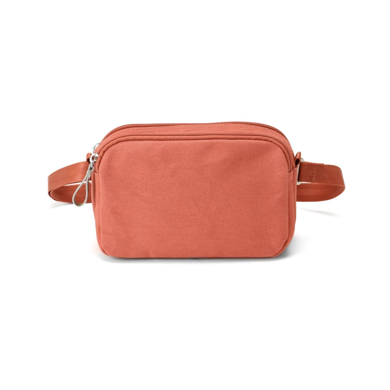 Salmon orange fabric pouch with match zipper, ash zipper pull, and adjustable hip belt.